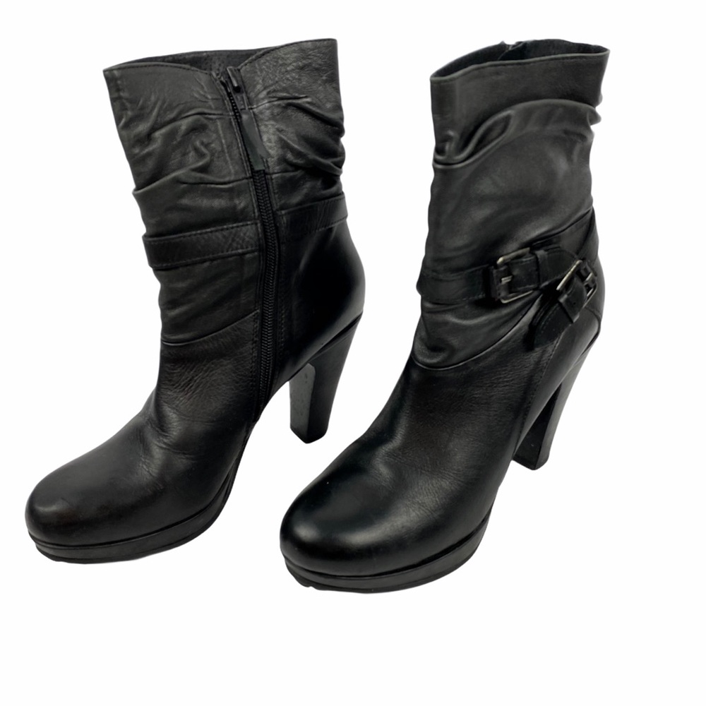 Buffalo Leather Ruched Black Ankle Boots Booties Size Euro 39 US Size 9